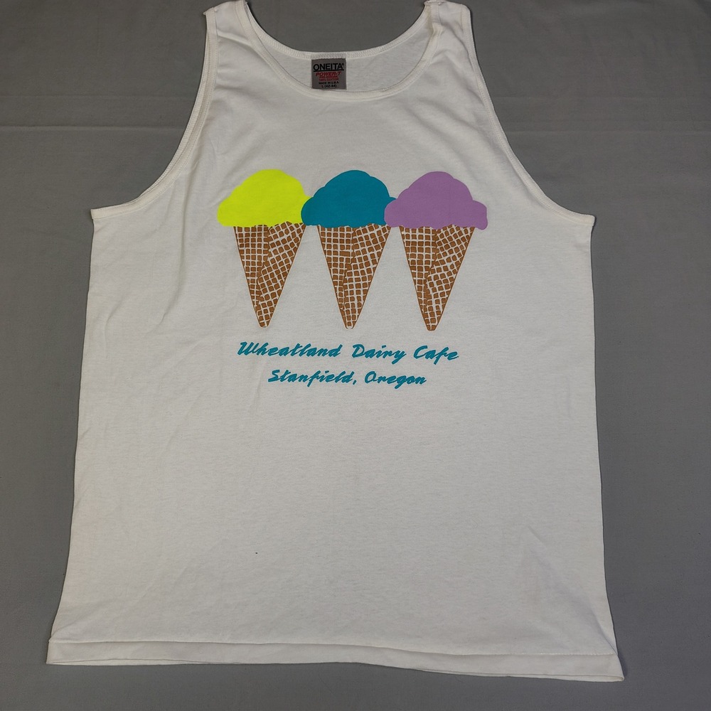 Vintage Oneita Power-T Tank Top Mens Large White Ice Cream Wheatland Dairyโ Cafe